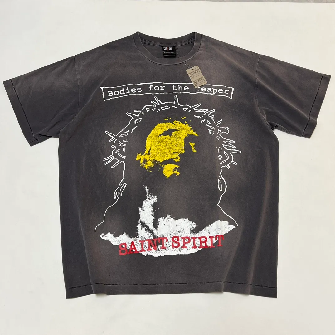 SAINT MICHAEL SS TEE/B FOR REAPER Jesus Hell's Angels Washed and Distressed Short Sleeves Washed Black S-XL Garment Dyed Printed Washed and Distressed